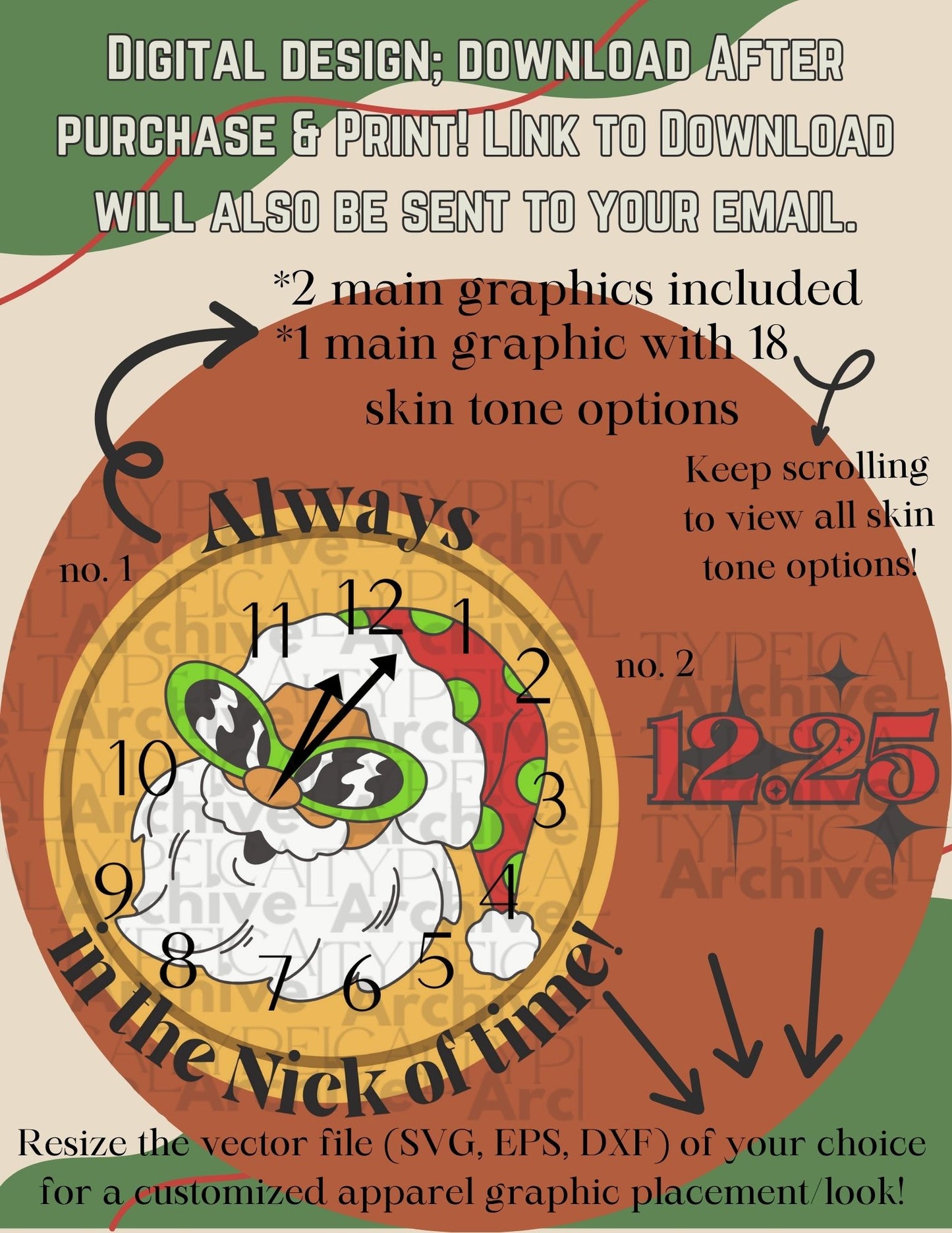 Retro "Always in the Nick of time" Christmas Apparel Graphic (PNG, TIFF, SVG, EPS, & DXF)