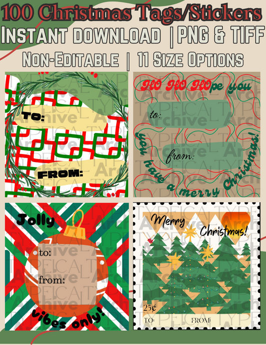 An Assortment of 100 Printable Christmas Gifting Tags/Stickers, 11 Sizes Available (PNG & TIFF)